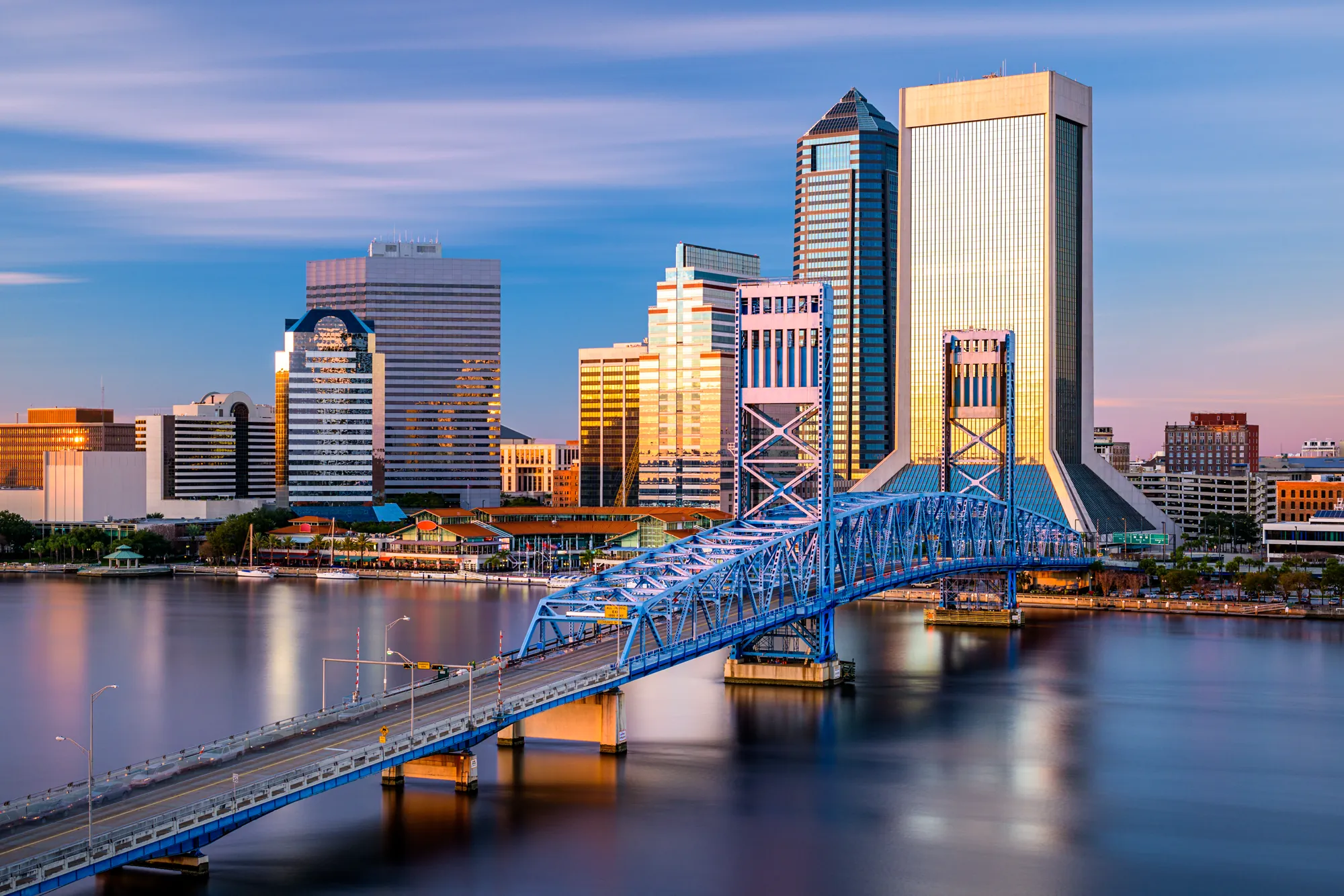 Downtown Jacksonville at golden hour, the Main Street Bridge crossing the St Johns River