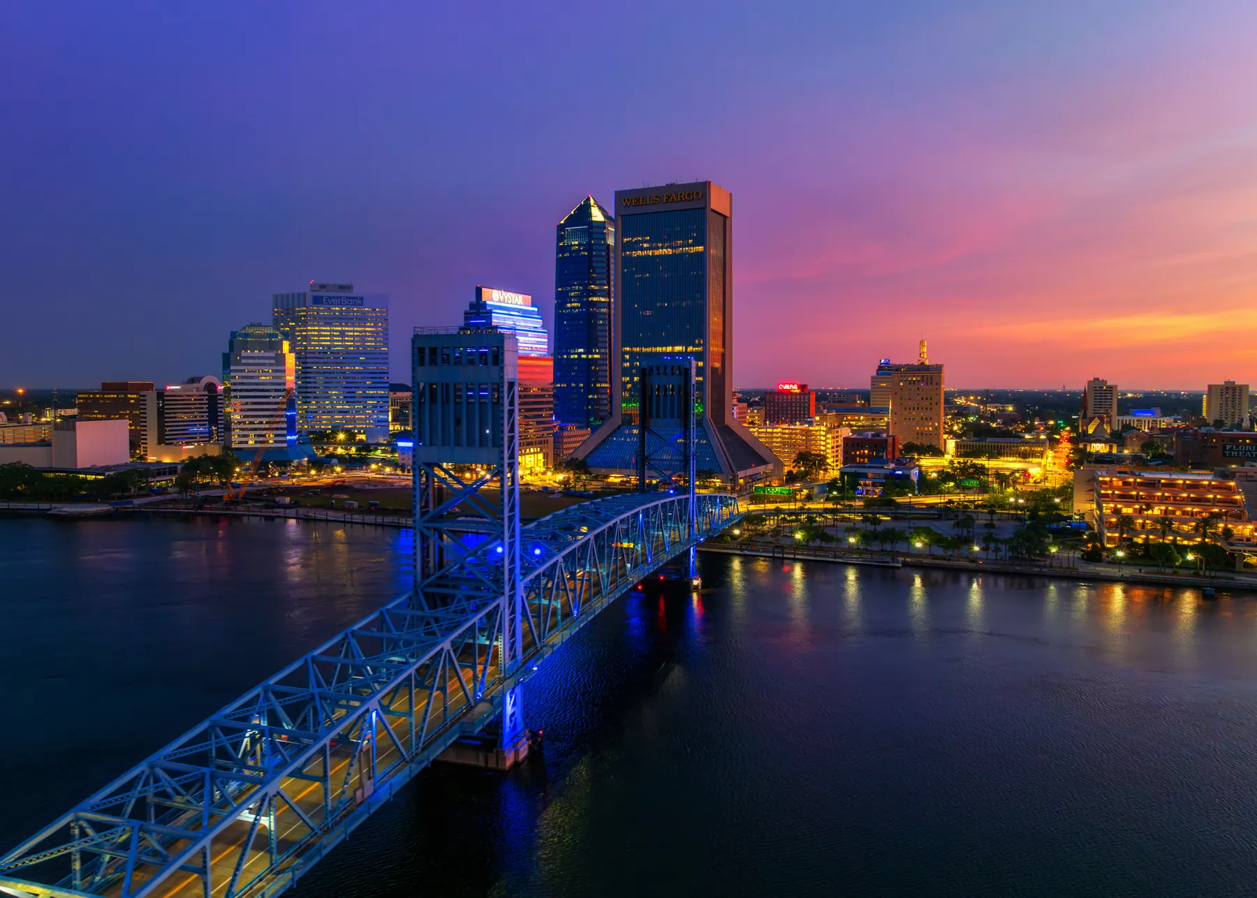 Downtown Jacksonville at dusk, the bridge lit against a violet sky