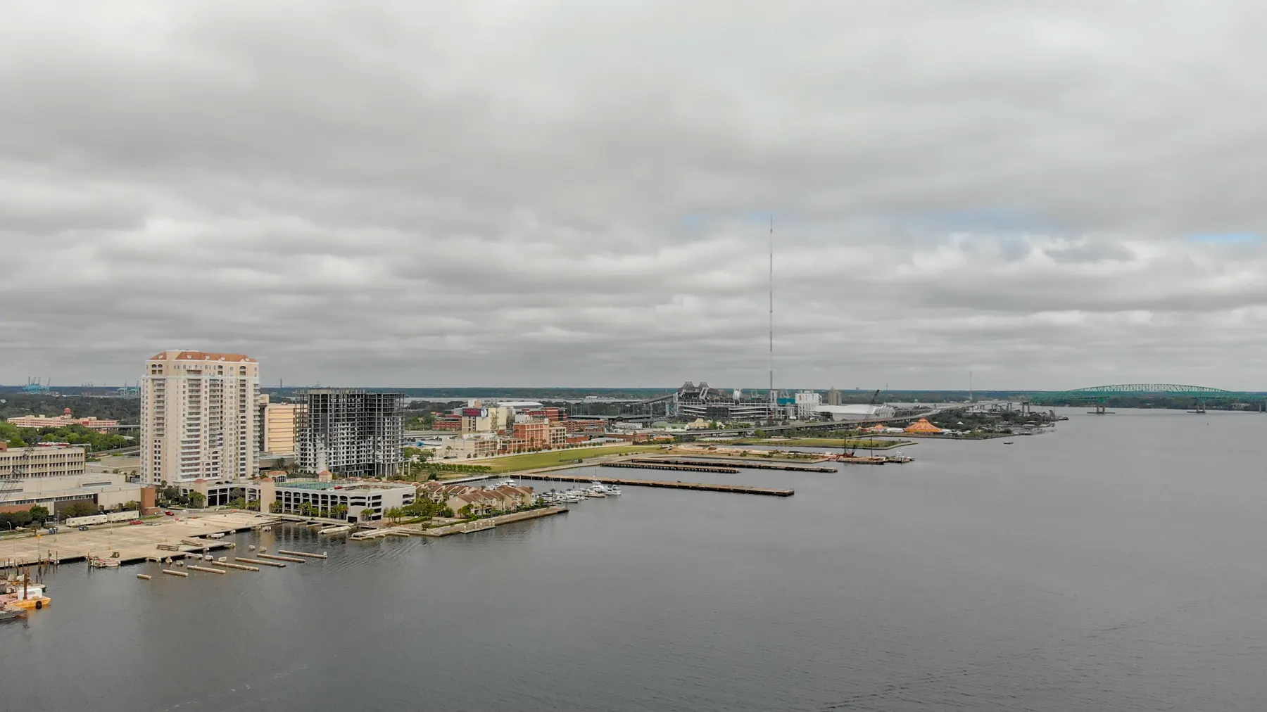 The Jacksonville riverfront under flat, overcast light