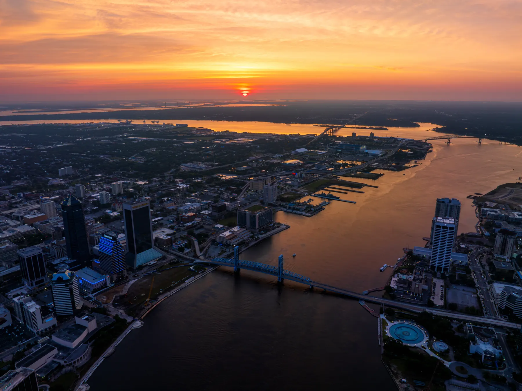 Jacksonville at sunrise, the river running through the city toward the coast