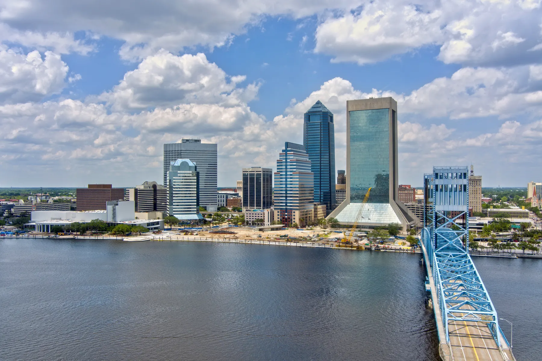 The Jacksonville waterfront on a clear day, seen from across the river